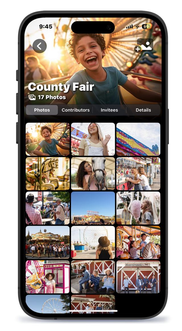 Tapestry app showing adding photos to a slideshow on iPhone