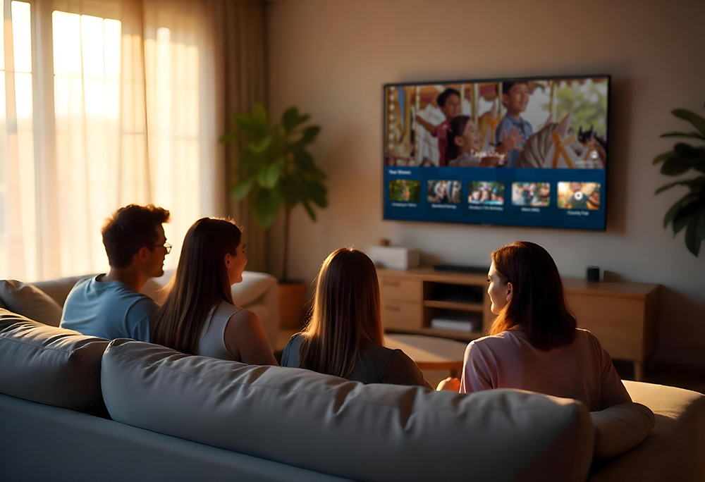 Living room TV screen showing Tapestry secure slideshow