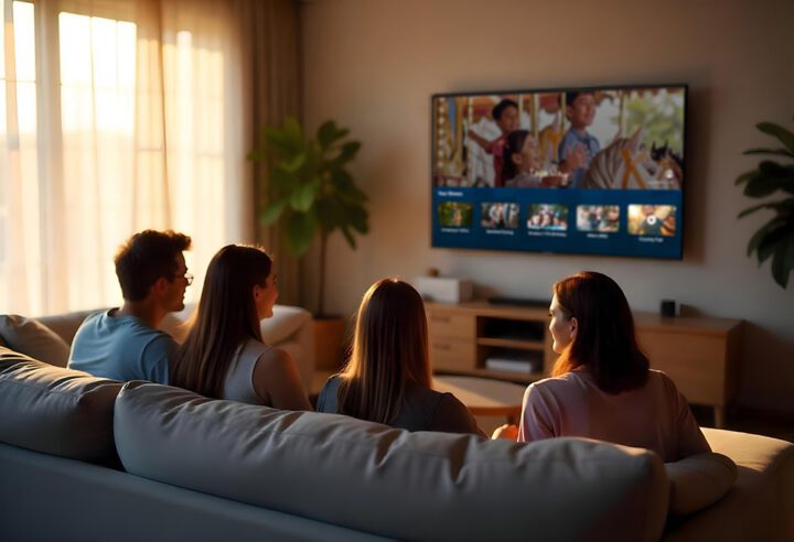 Group viewing private photos together in living room